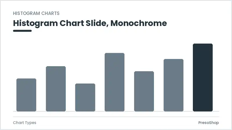 Editable PowerPoint histogram chart slide template in a monochrome treatment, built from recolourable native shapes for chart types decks