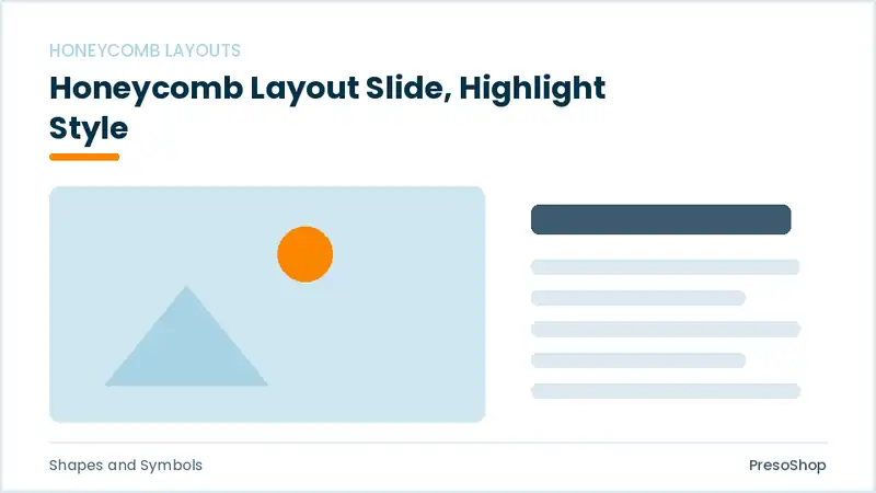 Editable PowerPoint honeycomb layout slide template with an accented takeaway, built from recolourable native shapes for shapes and symbols decks