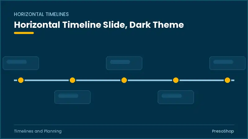 Editable PowerPoint horizontal timeline slide template in a dark theme, built from recolourable native shapes for timelines and planning decks