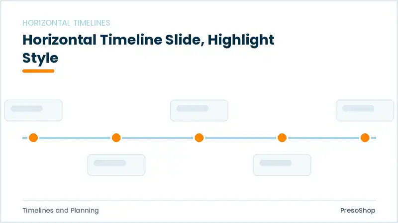 Editable PowerPoint horizontal timeline slide template with an accented takeaway, built from recolourable native shapes for timelines and planning decks