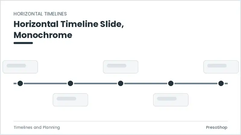 Editable PowerPoint horizontal timeline slide template in a monochrome treatment, built from recolourable native shapes for timelines and planning decks