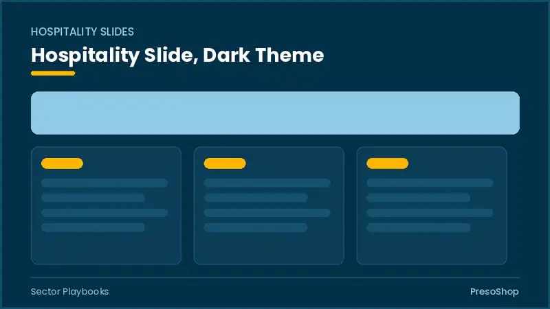 Editable PowerPoint hospitality slide template in a dark theme, built from recolourable native shapes for sector playbooks decks