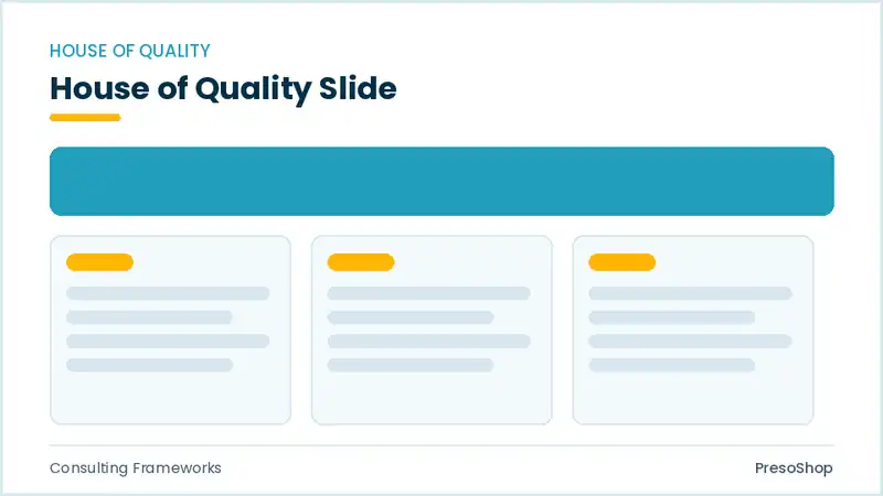 Editable PowerPoint house of quality slide template, built from recolourable native shapes for consulting frameworks decks