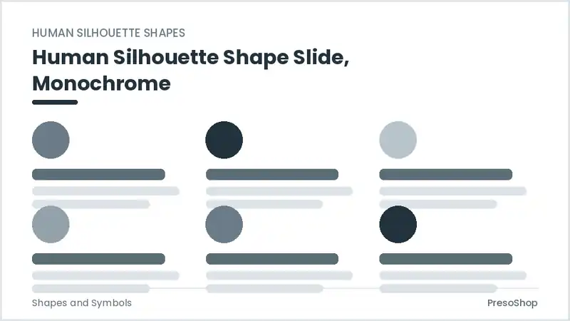 Editable PowerPoint human silhouette shape slide template in a monochrome treatment, built from recolourable native shapes for shapes and symbols decks