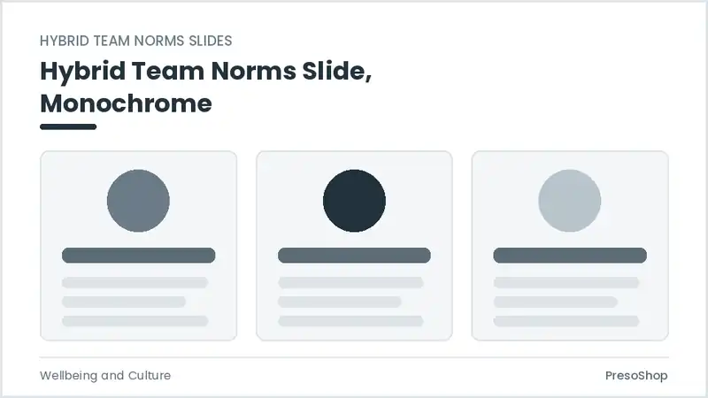 Editable PowerPoint hybrid team norms slide template in a monochrome treatment, built from recolourable native shapes for wellbeing and culture decks