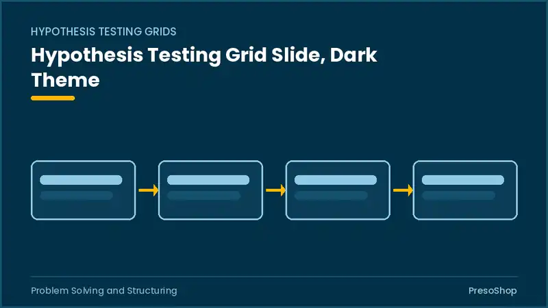 Editable PowerPoint hypothesis testing grid slide template in a dark theme, built from recolourable native shapes for problem solving and structuring decks
