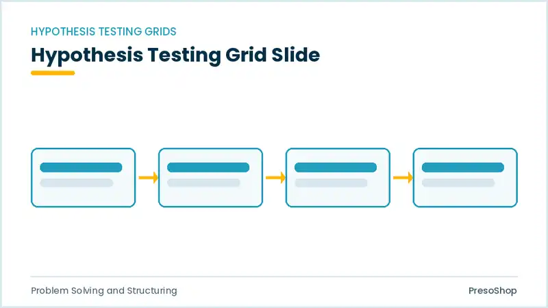 Editable PowerPoint hypothesis testing grid slide template, built from recolourable native shapes for problem solving and structuring decks
