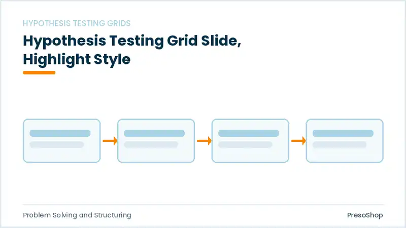 Editable PowerPoint hypothesis testing grid slide template with an accented takeaway, built from recolourable native shapes for problem solving and structuring decks