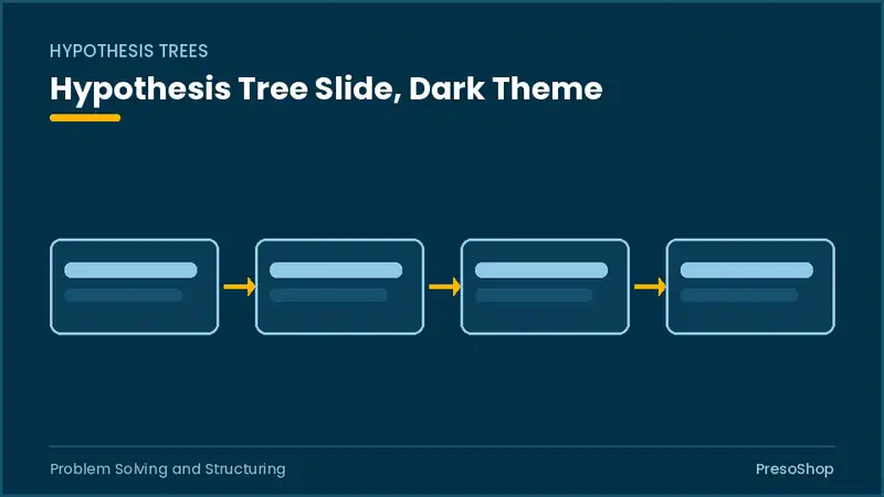 Editable PowerPoint hypothesis tree slide template in a dark theme, built from recolourable native shapes for problem solving and structuring decks