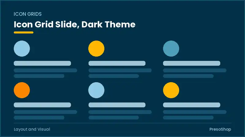 Editable PowerPoint icon grid slide template in a dark theme, built from recolourable native shapes for layout and visual decks