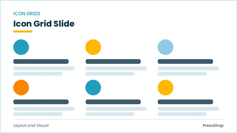 Editable PowerPoint icon grid slide template, built from recolourable native shapes for layout and visual decks