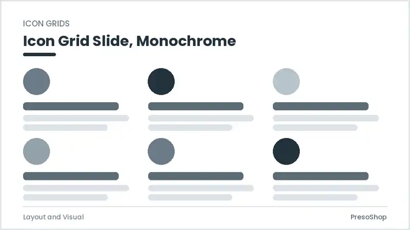 Editable PowerPoint icon grid slide template in a monochrome treatment, built from recolourable native shapes for layout and visual decks