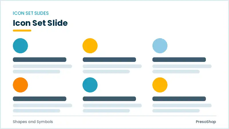 Editable PowerPoint icon set slide template, built from recolourable native shapes for shapes and symbols decks