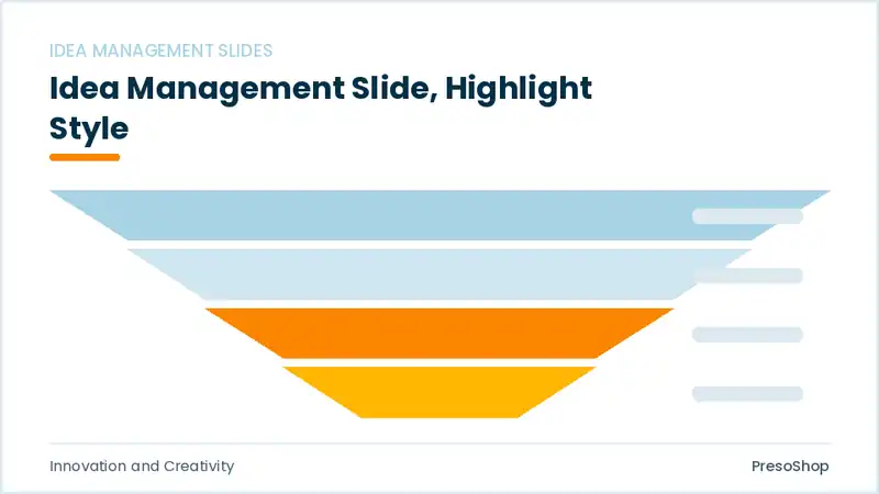 Editable PowerPoint idea management slide template with an accented takeaway, built from recolourable native shapes for innovation and creativity decks
