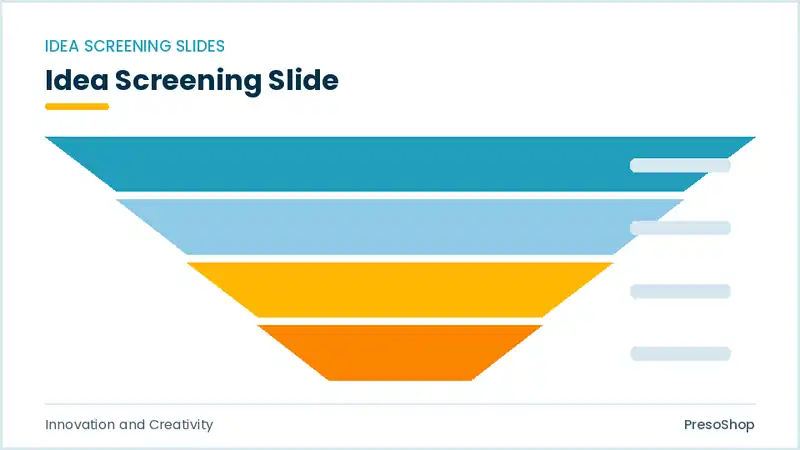 Editable PowerPoint idea screening slide template, built from recolourable native shapes for innovation and creativity decks
