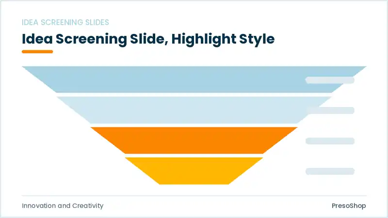 Editable PowerPoint idea screening slide template with an accented takeaway, built from recolourable native shapes for innovation and creativity decks