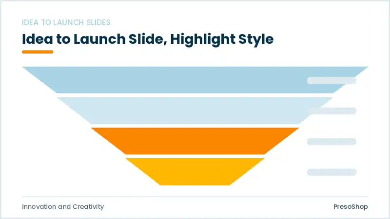 Editable PowerPoint idea to launch slide template with an accented takeaway, built from recolourable native shapes for innovation and creativity decks