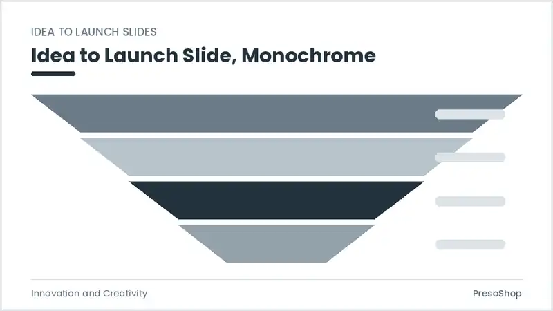 Editable PowerPoint idea to launch slide template in a monochrome treatment, built from recolourable native shapes for innovation and creativity decks