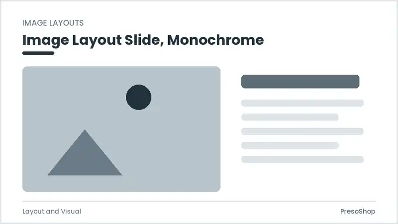 Editable PowerPoint image layout slide template in a monochrome treatment, built from recolourable native shapes for layout and visual decks