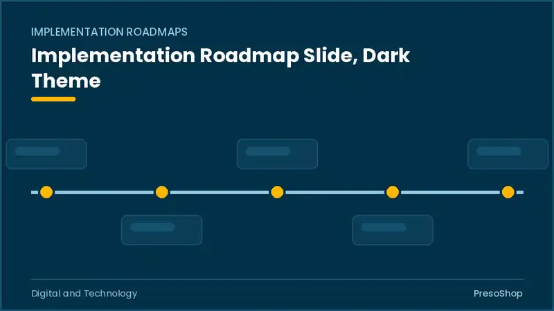 Editable PowerPoint implementation roadmap slide template in a dark theme, built from recolourable native shapes for digital and technology decks