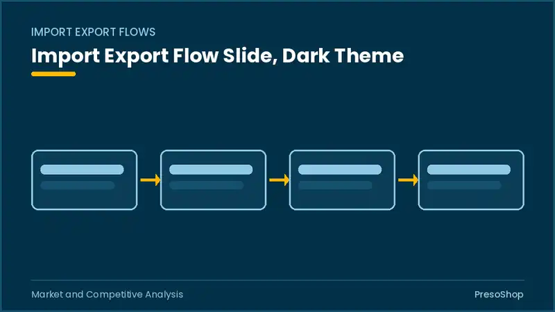 Editable PowerPoint import export flow slide template in a dark theme, built from recolourable native shapes for market and competitive analysis decks