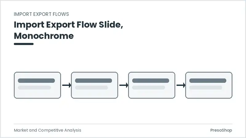 Editable PowerPoint import export flow slide template in a monochrome treatment, built from recolourable native shapes for market and competitive analysis decks