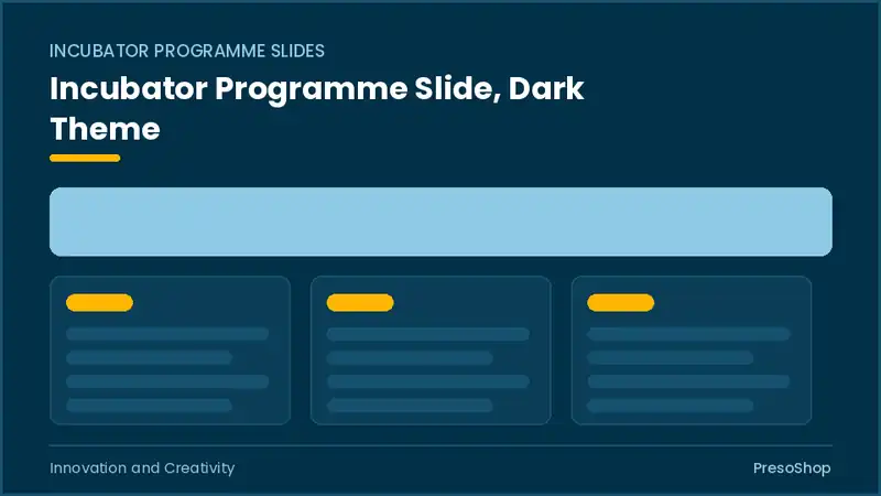 Editable PowerPoint incubator programme slide template in a dark theme, built from recolourable native shapes for innovation and creativity decks