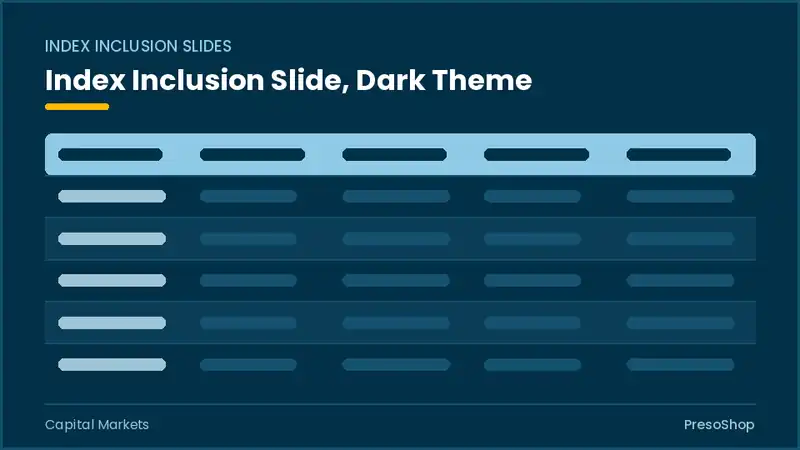 Editable PowerPoint index inclusion slide template in a dark theme, built from recolourable native shapes for capital markets decks