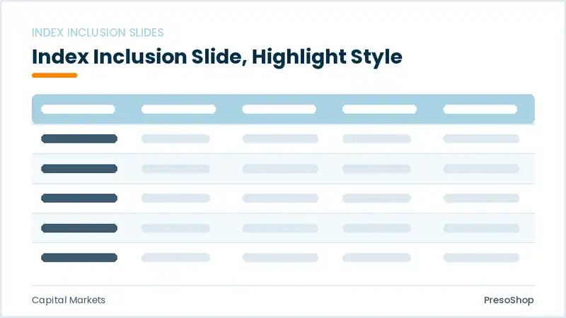 Editable PowerPoint index inclusion slide template with an accented takeaway, built from recolourable native shapes for capital markets decks