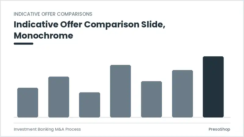 Editable PowerPoint indicative offer comparison slide template in a monochrome treatment, built from recolourable native shapes for investment banking m&a process decks