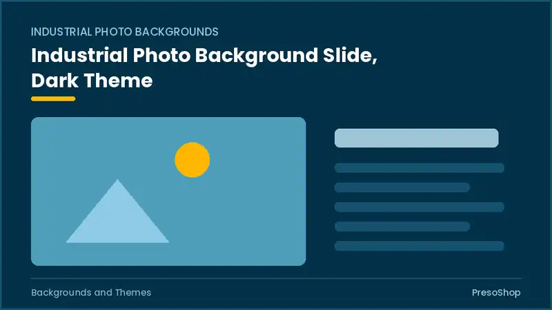 Editable PowerPoint industrial photo background slide template in a dark theme, built from recolourable native shapes for backgrounds and themes decks