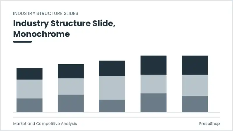 Editable PowerPoint industry structure slide template in a monochrome treatment, built from recolourable native shapes for market and competitive analysis decks