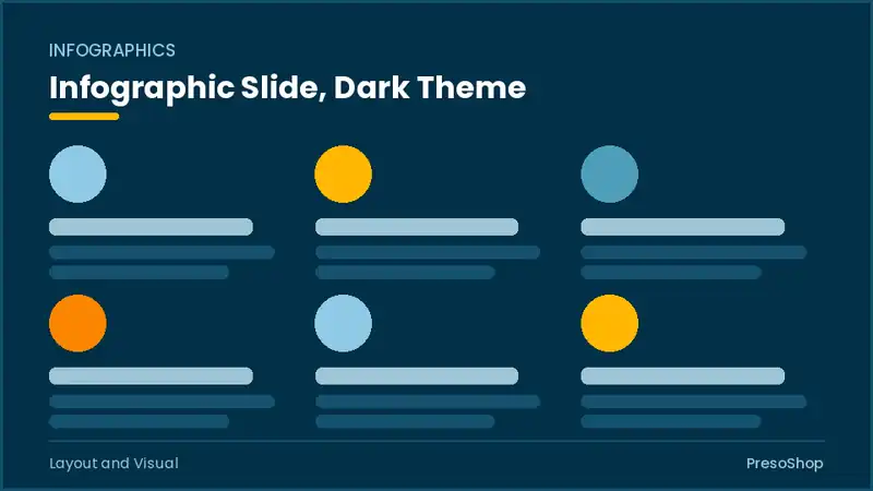 Editable PowerPoint infographic slide template in a dark theme, built from recolourable native shapes for layout and visual decks