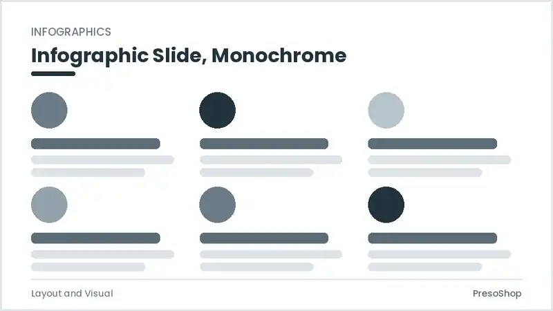 Editable PowerPoint infographic slide template in a monochrome treatment, built from recolourable native shapes for layout and visual decks