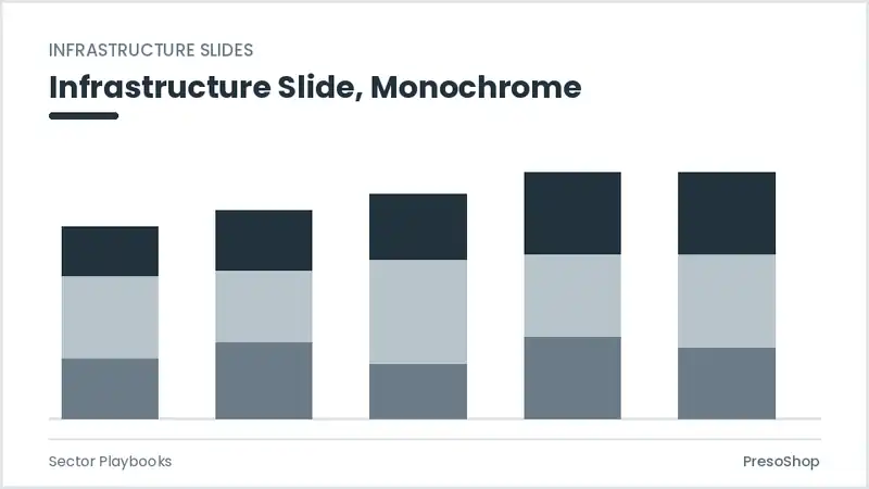 Editable PowerPoint infrastructure slide template in a monochrome treatment, built from recolourable native shapes for sector playbooks decks