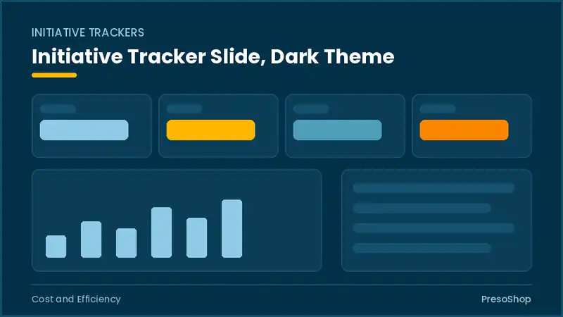 Editable PowerPoint initiative tracker slide template in a dark theme, built from recolourable native shapes for cost and efficiency decks