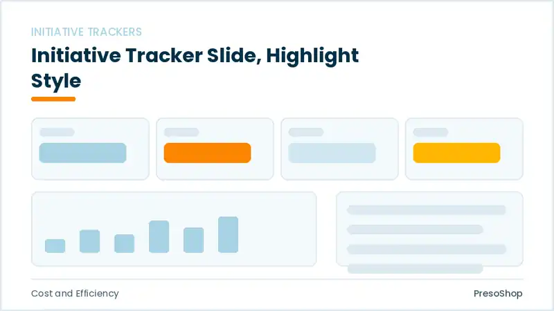 Editable PowerPoint initiative tracker slide template with an accented takeaway, built from recolourable native shapes for cost and efficiency decks