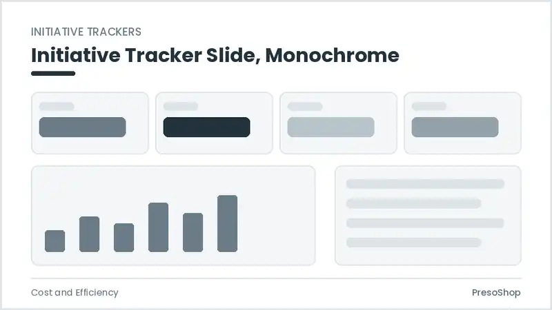 Editable PowerPoint initiative tracker slide template in a monochrome treatment, built from recolourable native shapes for cost and efficiency decks