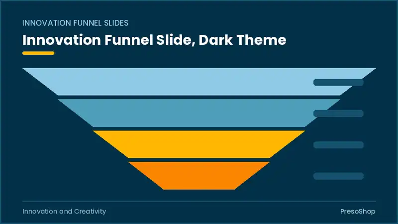 Editable PowerPoint innovation funnel slide template in a dark theme, built from recolourable native shapes for innovation and creativity decks