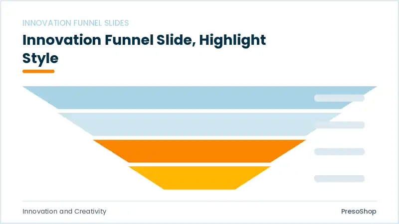 Editable PowerPoint innovation funnel slide template with an accented takeaway, built from recolourable native shapes for innovation and creativity decks