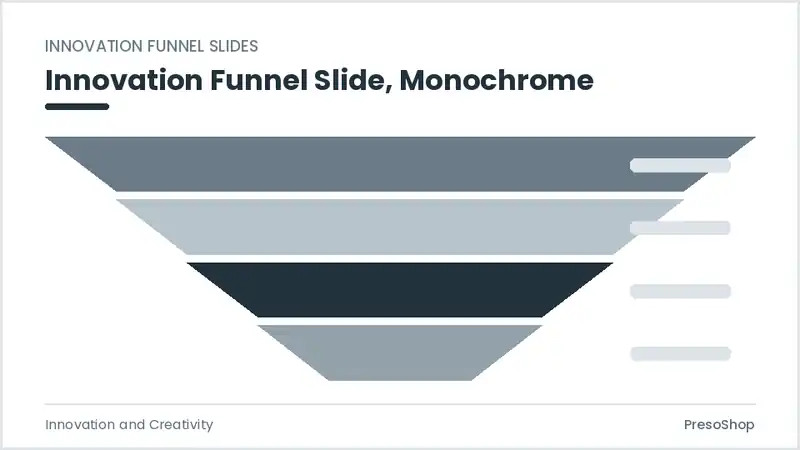 Editable PowerPoint innovation funnel slide template in a monochrome treatment, built from recolourable native shapes for innovation and creativity decks