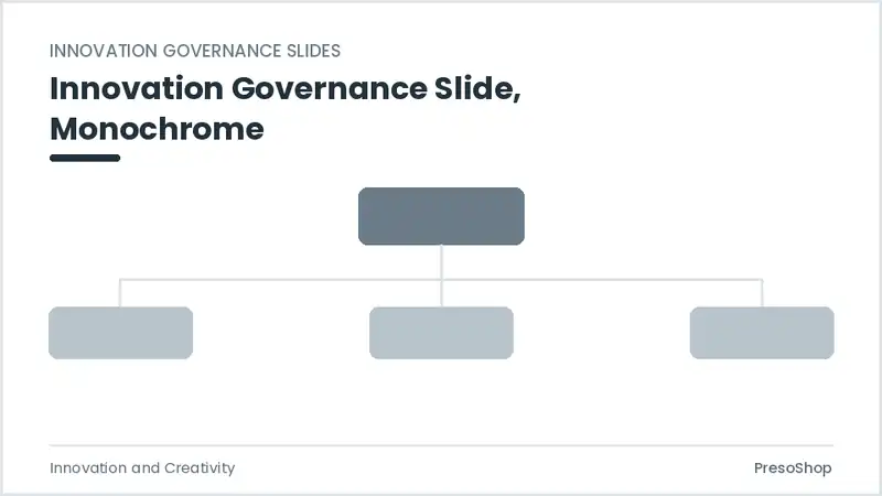 Editable PowerPoint innovation governance slide template in a monochrome treatment, built from recolourable native shapes for innovation and creativity decks
