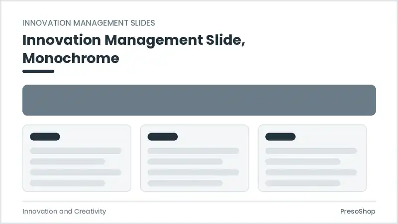 Editable PowerPoint innovation management slide template in a monochrome treatment, built from recolourable native shapes for innovation and creativity decks