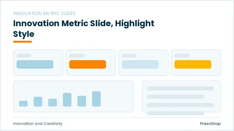 Editable PowerPoint innovation metric slide template with an accented takeaway, built from recolourable native shapes for innovation and creativity decks