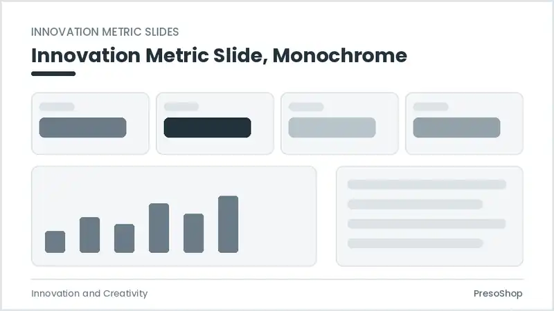 Editable PowerPoint innovation metric slide template in a monochrome treatment, built from recolourable native shapes for innovation and creativity decks