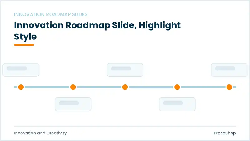 Editable PowerPoint innovation roadmap slide template with an accented takeaway, built from recolourable native shapes for innovation and creativity decks