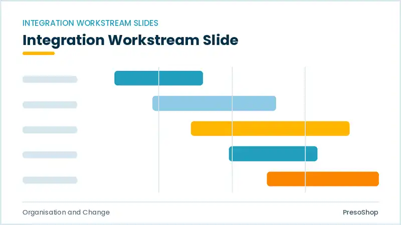 Editable PowerPoint integration workstream slide template, built from recolourable native shapes for organisation and change decks