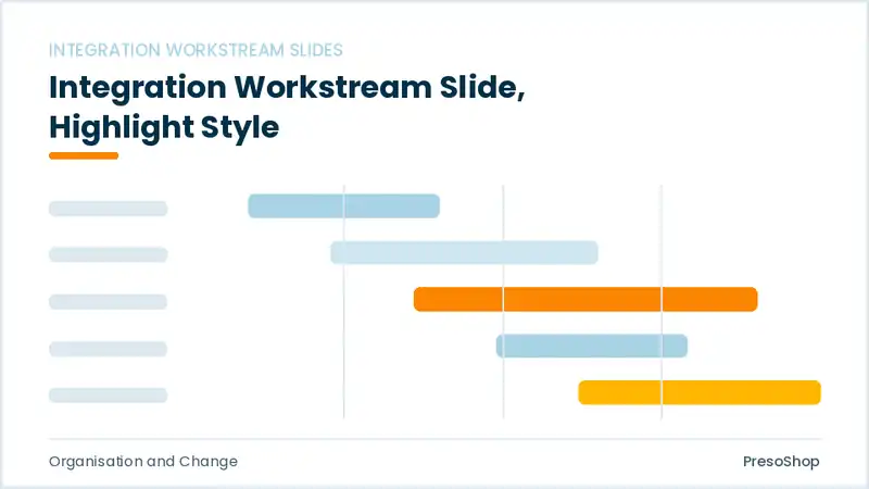 Editable PowerPoint integration workstream slide template with an accented takeaway, built from recolourable native shapes for organisation and change decks