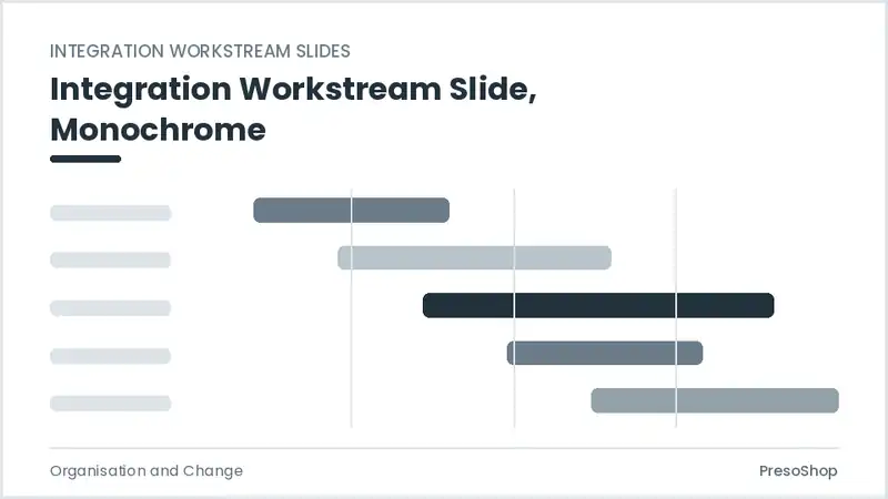 Editable PowerPoint integration workstream slide template in a monochrome treatment, built from recolourable native shapes for organisation and change decks