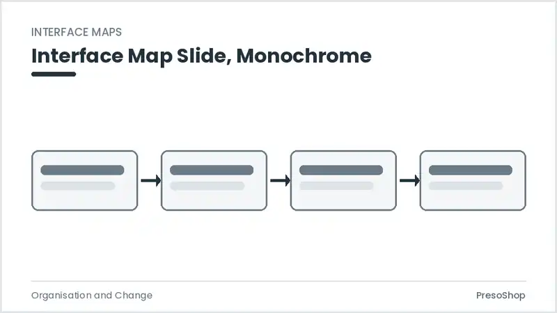 Editable PowerPoint interface map slide template in a monochrome treatment, built from recolourable native shapes for organisation and change decks